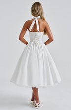 Women Midi Dress Halter Neckline Flared Skirt Sleeveless - Evergreen Outfits - Women Midi Dress
