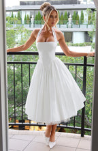 Women Midi Dress Halter Neckline Flared Skirt Sleeveless - Evergreen Outfits - Women Midi Dress