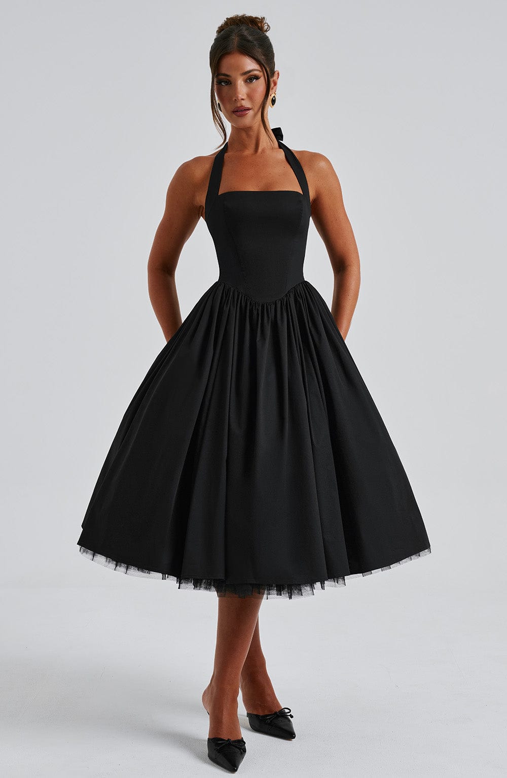 Women Midi Dress Halter Neckline Flared Skirt Sleeveless - Evergreen Outfits - Women Midi Dress