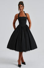 Women Midi Dress Halter Neckline Flared Skirt Sleeveless - Evergreen Outfits - Women Midi Dress