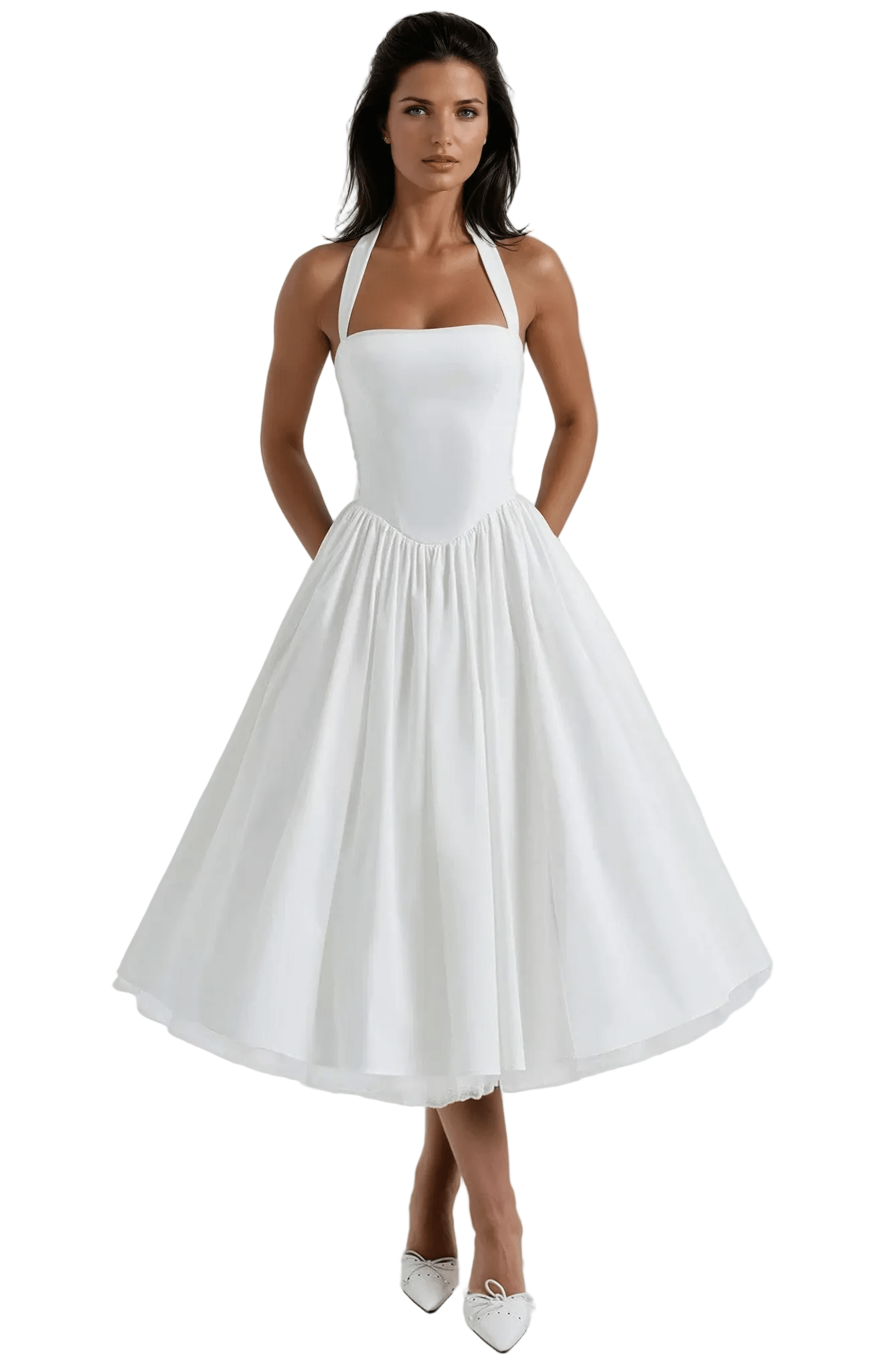 Women Midi Dress Halter Neckline Flared Skirt Sleeveless - Evergreen Outfits - Women Midi Dress