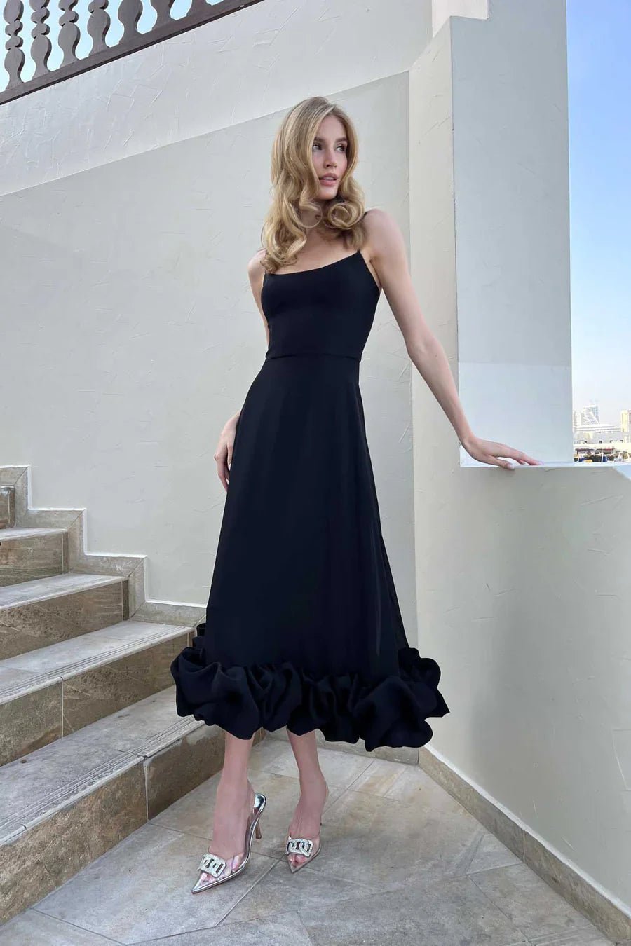 Women Midi Dress One Shoulder Ruffle Hem Fitted Design - Evergreen Outfits - Women Midi Dress