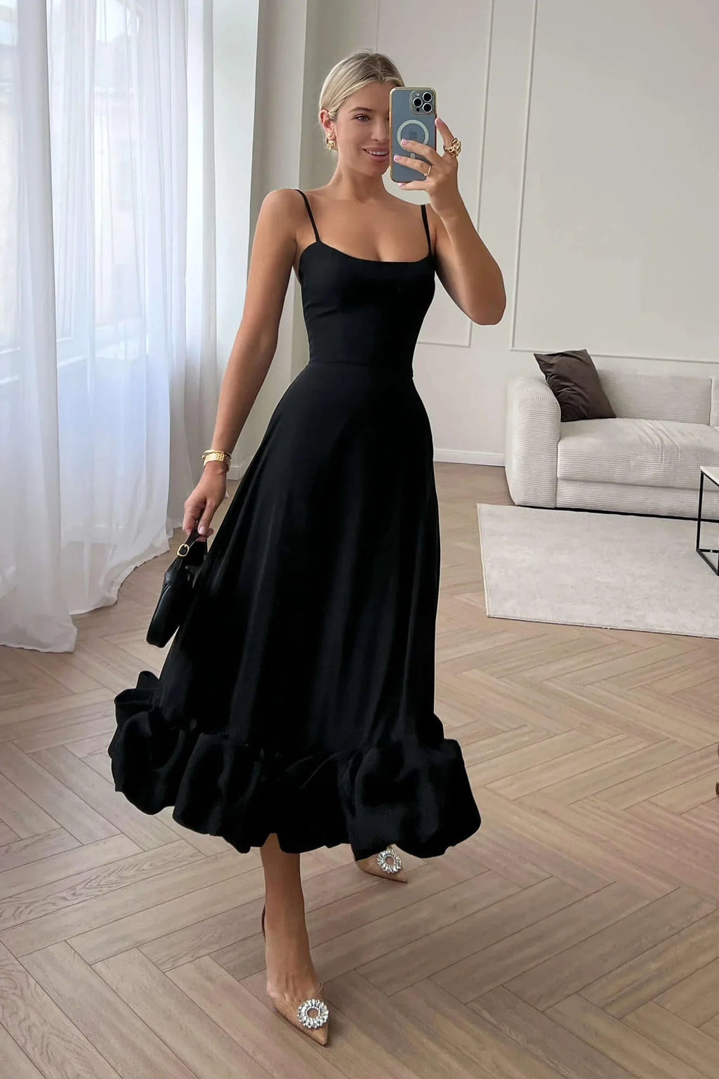 Women Midi Dress One Shoulder Ruffle Hem Fitted Design - Evergreen Outfits - Women Midi Dress