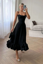 Women Midi Dress One Shoulder Ruffle Hem Fitted Design - Evergreen Outfits - Women Midi Dress