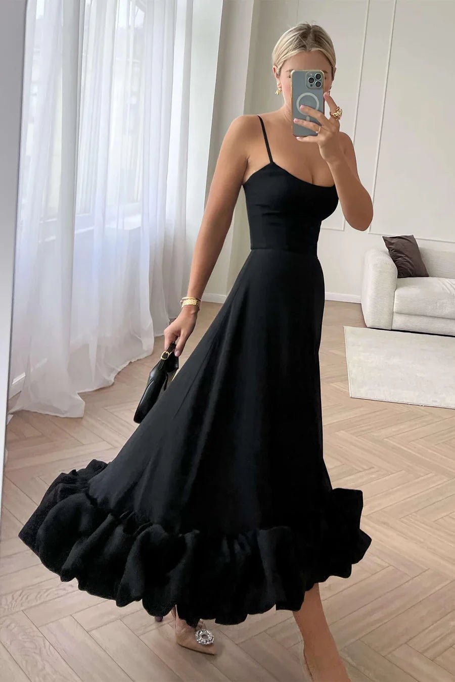 Women Midi Dress One Shoulder Ruffle Hem Fitted Design - Evergreen Outfits - Women Midi Dress