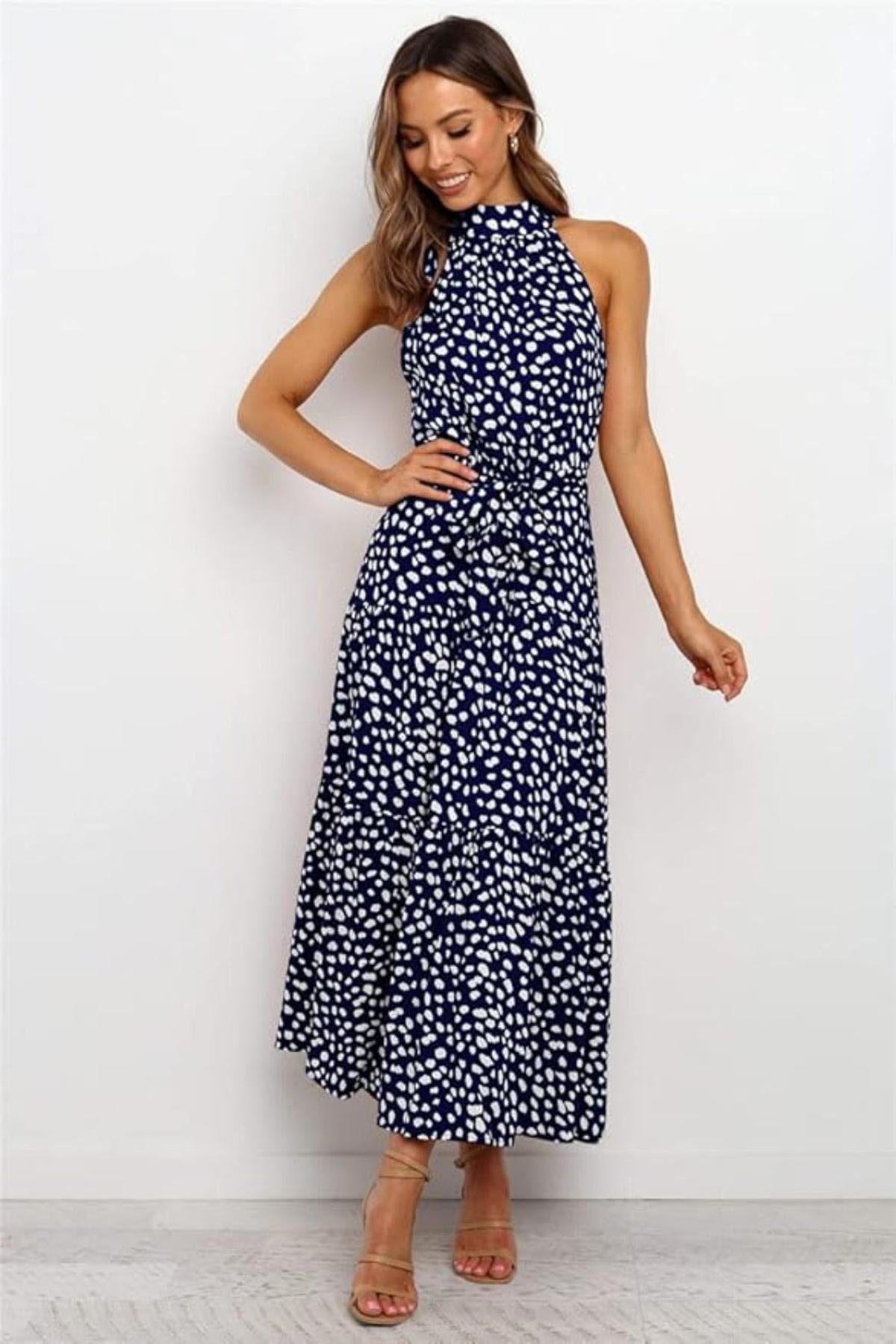 Women Midi Dress Polka Dot Halter Tie Waist Design - Evergreen Outfits - Women Midi Dress