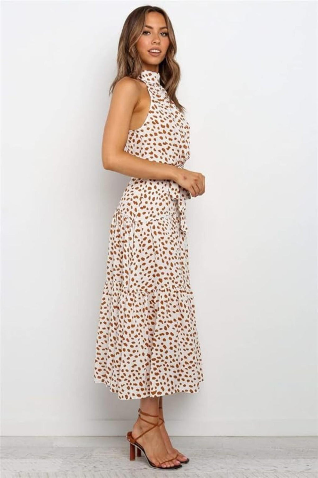 Women Midi Dress Polka Dot Halter Tie Waist Design - Evergreen Outfits - Women Midi Dress