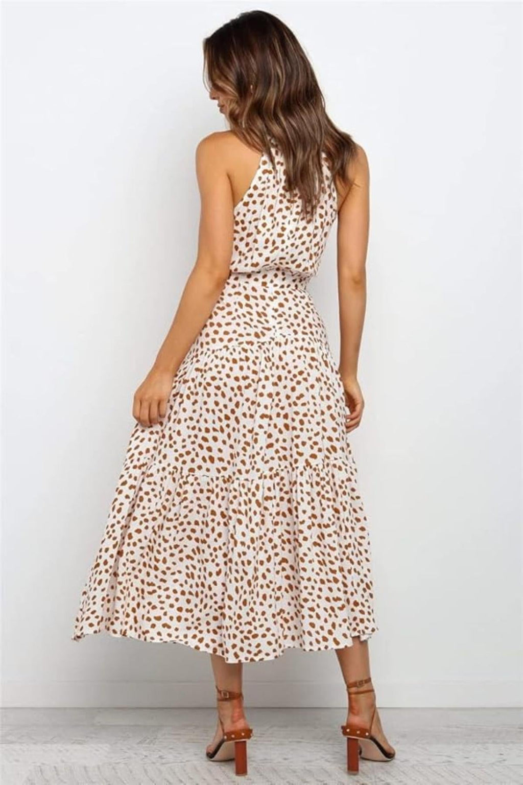 Women Midi Dress Polka Dot Halter Tie Waist Design - Evergreen Outfits - Women Midi Dress