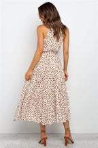 Women Midi Dress Polka Dot Halter Tie Waist Design - Evergreen Outfits - Women Midi Dress