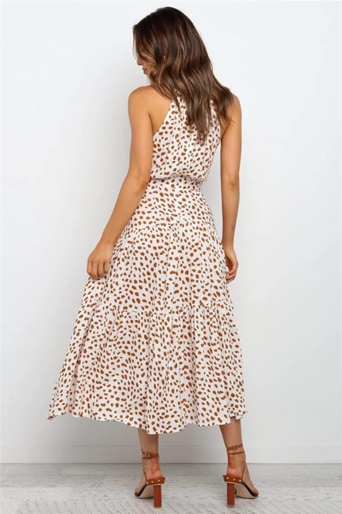 Women Midi Dress Polka Dot Halter Tie Waist Design - Evergreen Outfits - Women Midi Dress