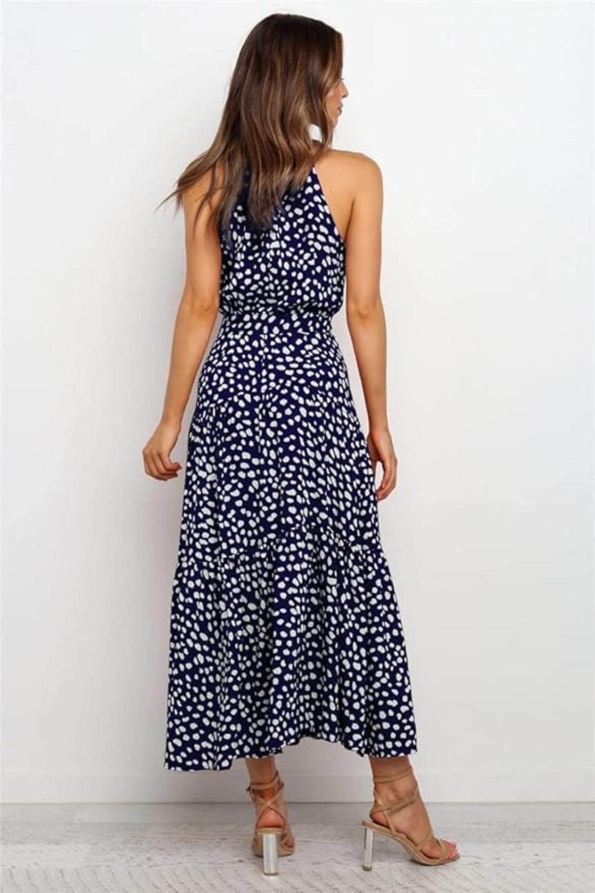 Women Midi Dress Polka Dot Halter Tie Waist Design - Evergreen Outfits - Women Midi Dress