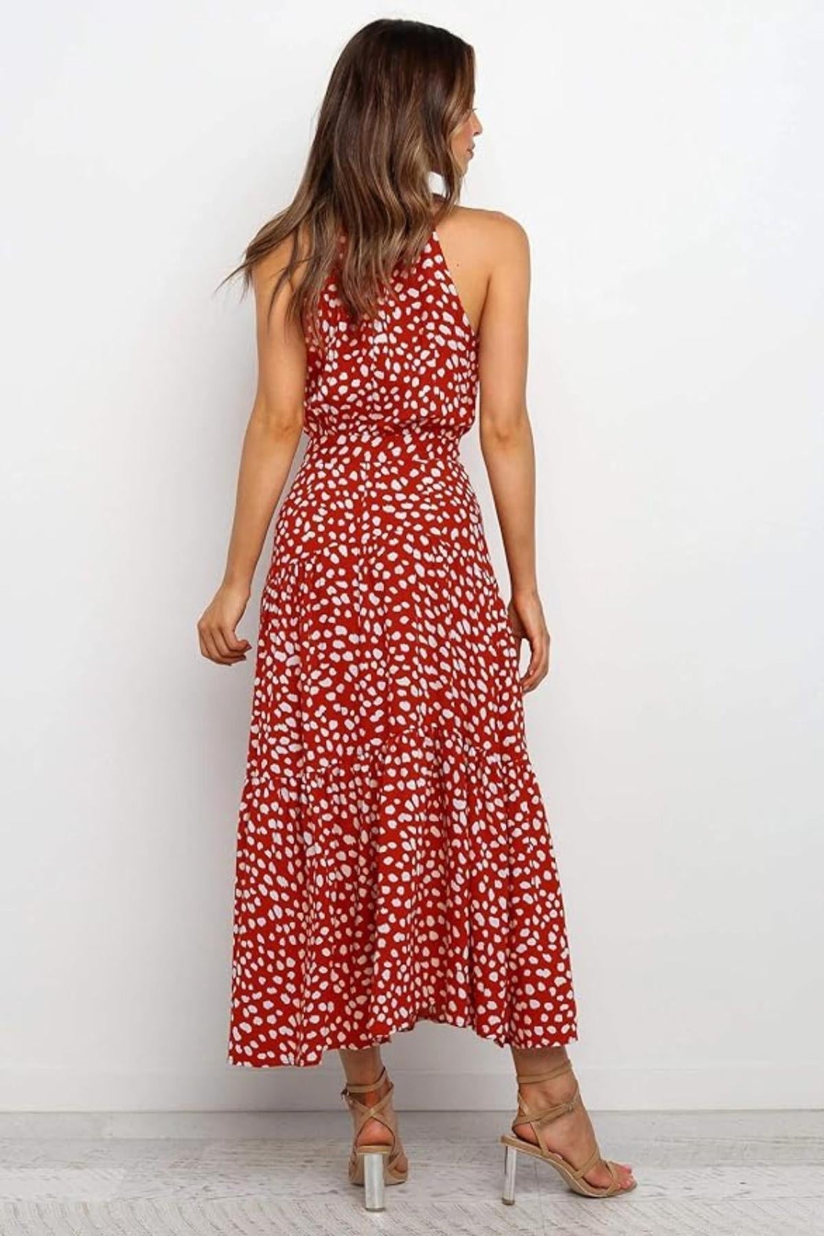 Women Midi Dress Polka Dot Halter Tie Waist Design - Evergreen Outfits - Women Midi Dress