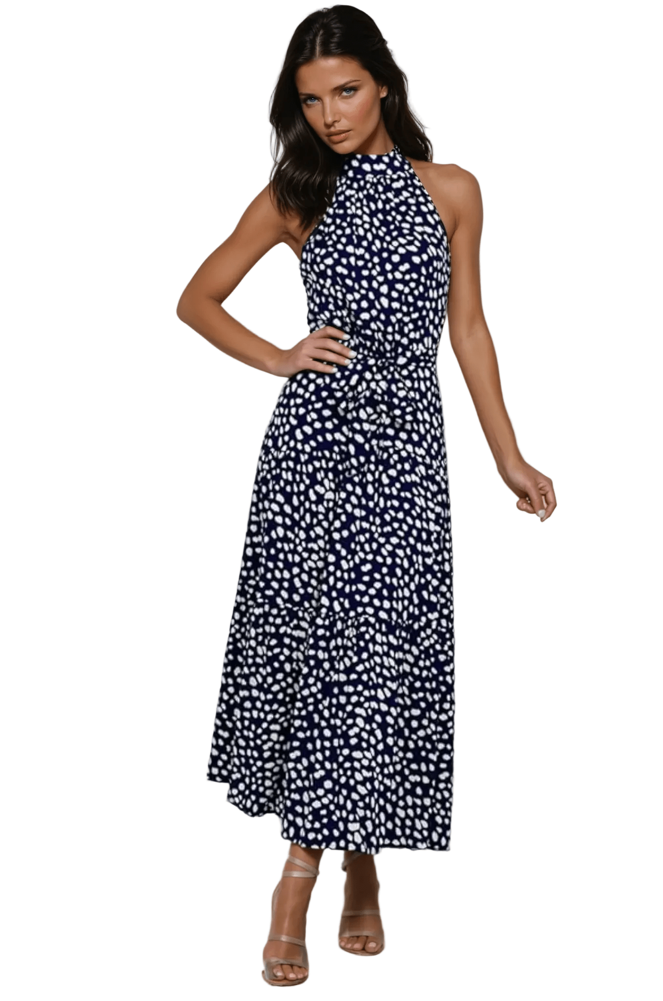 Women Midi Dress Polka Dot Halter Tie Waist Design - Evergreen Outfits - Women Midi Dress