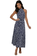 Women Midi Dress Polka Dot Halter Tie Waist Design - Evergreen Outfits - Women Midi Dress