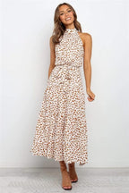Women Midi Dress Polka Dot Halter Tie Waist Design - Evergreen Outfits - Women Midi Dress
