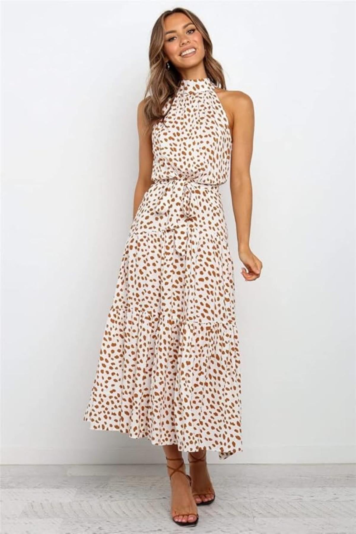 Women Midi Dress Polka Dot Halter Tie Waist Design - Evergreen Outfits - Women Midi Dress