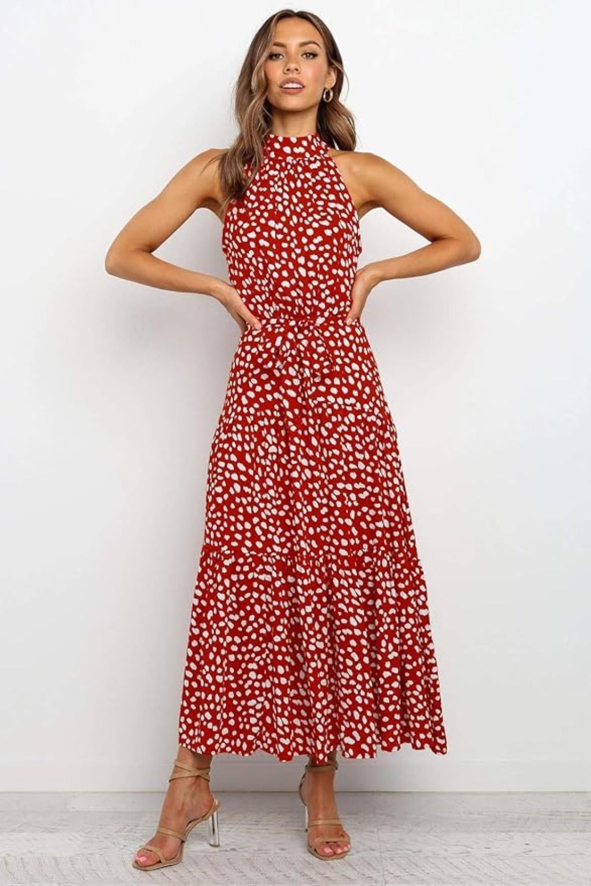 Women Midi Dress Polka Dot Halter Tie Waist Design - Evergreen Outfits - Women Midi Dress