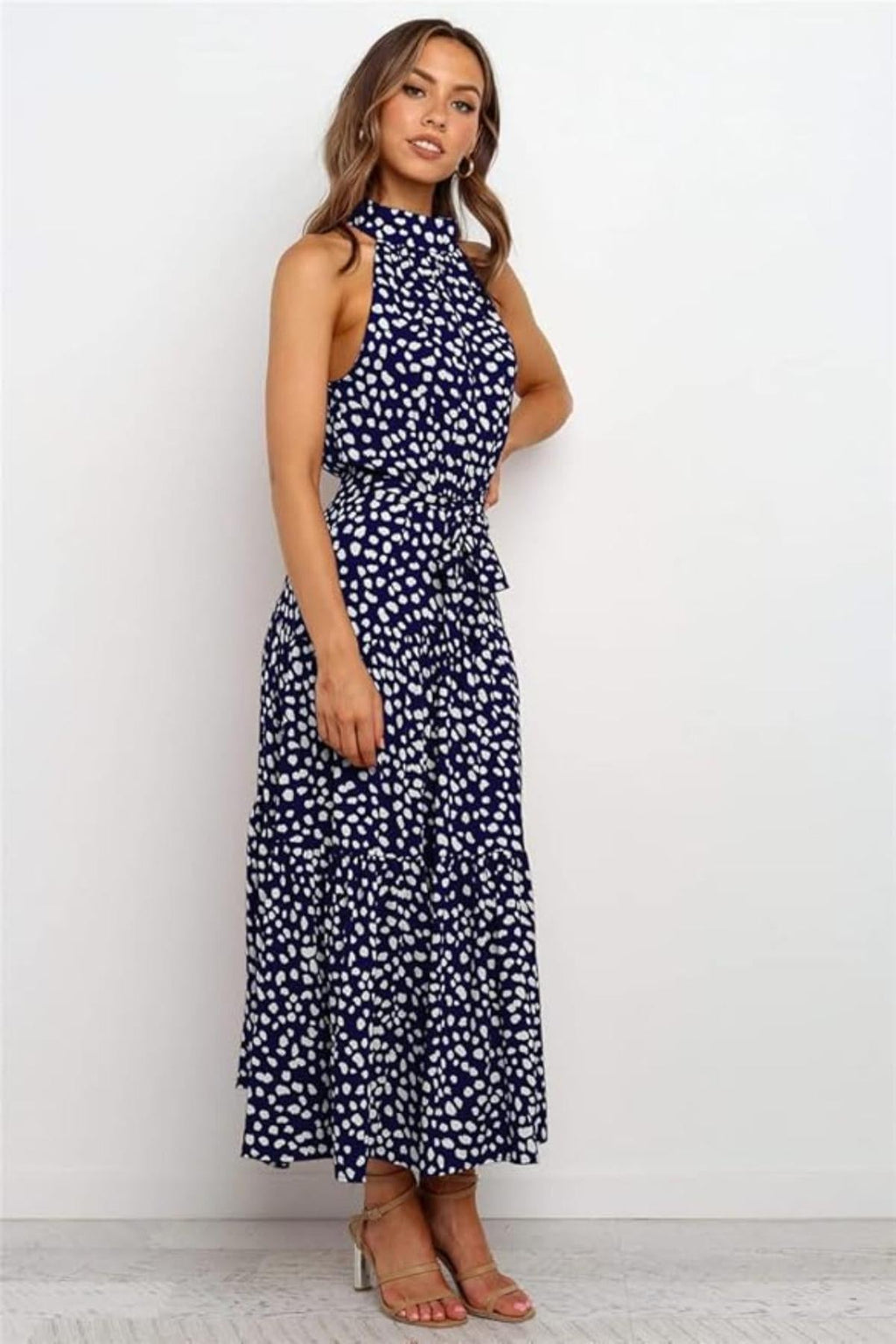 Women Midi Dress Polka Dot Halter Tie Waist Design - Evergreen Outfits - Women Midi Dress