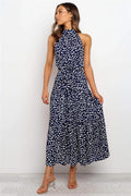 Women Midi Dress Polka Dot Halter Tie Waist Design - Evergreen Outfits - Women Midi Dress