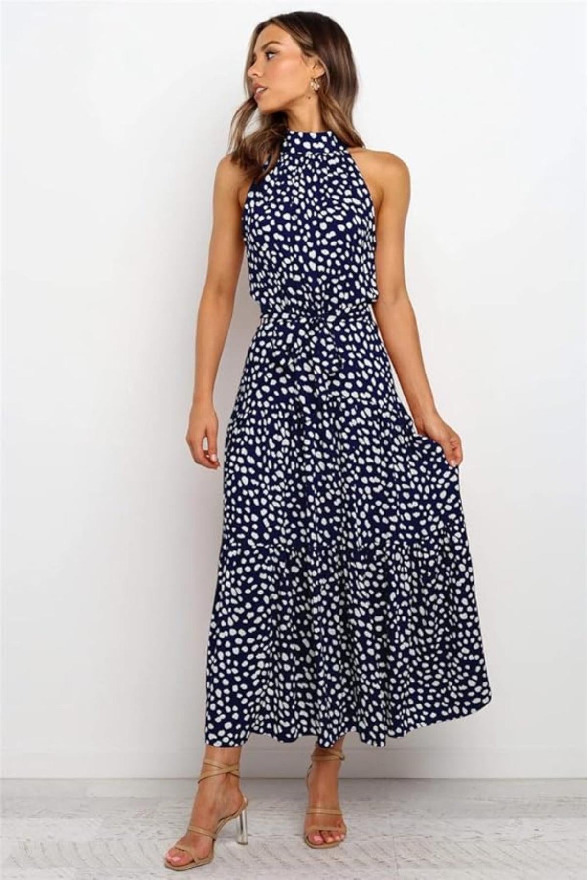 Women Midi Dress Polka Dot Halter Tie Waist Design - Evergreen Outfits - Women Midi Dress