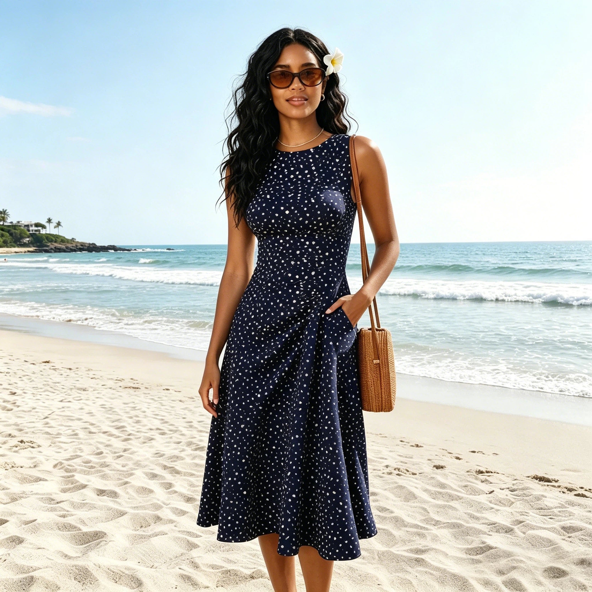 Women Midi Dress Polka Dot Sleeveless Fit Flare Design - Evergreen Outfits - Women Midi Dress