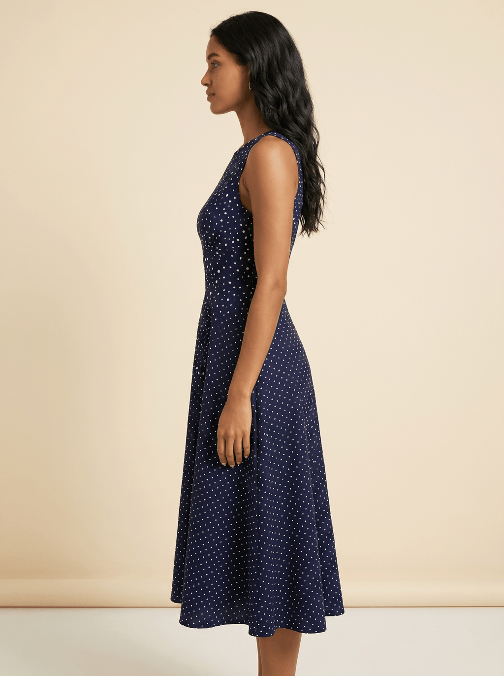 Women Midi Dress Polka Dot Sleeveless Fit Flare Design - Evergreen Outfits - Women Midi Dress