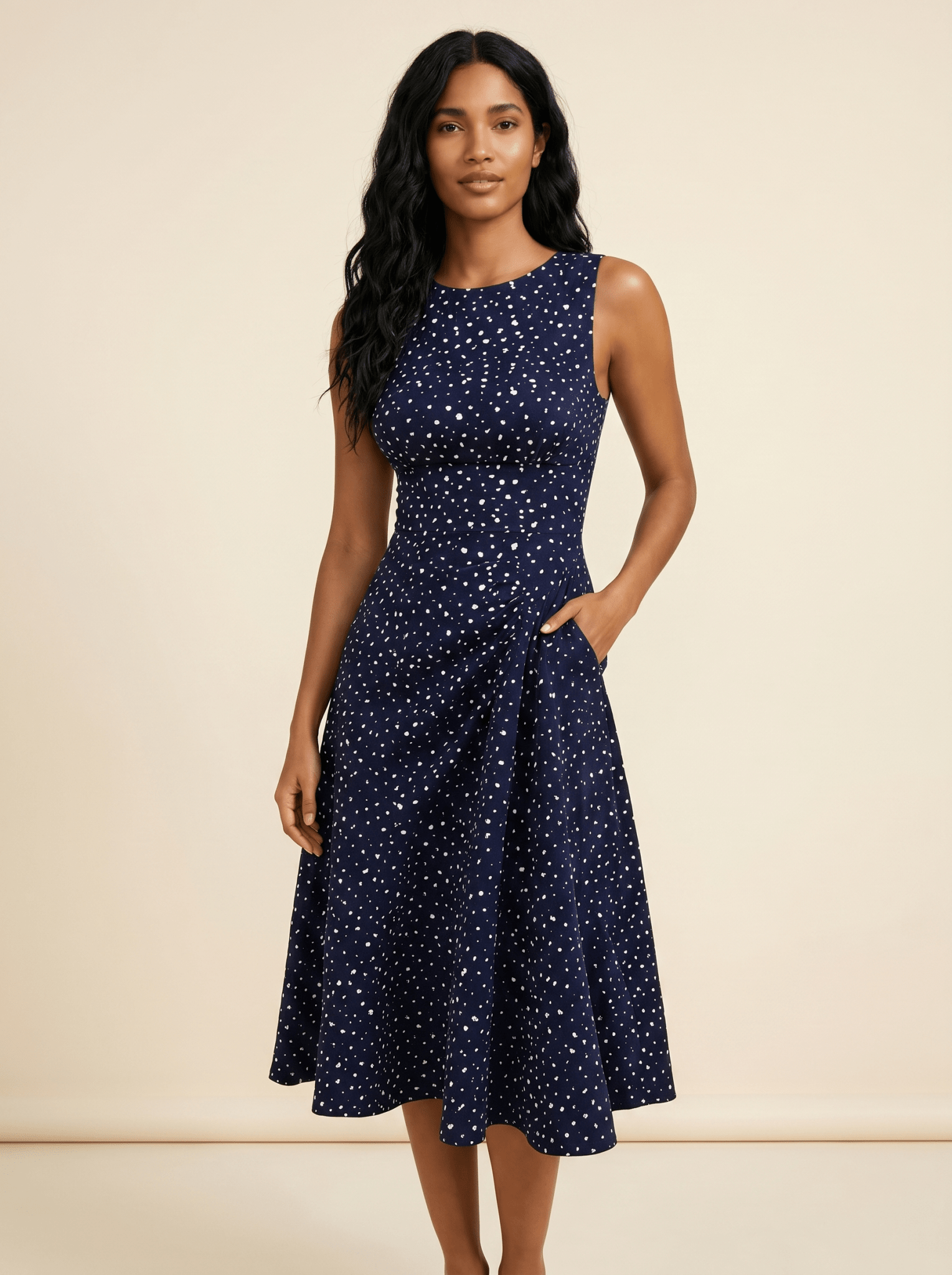 Women Midi Dress Polka Dot Sleeveless Fit Flare Design - Evergreen Outfits - Women Midi Dress