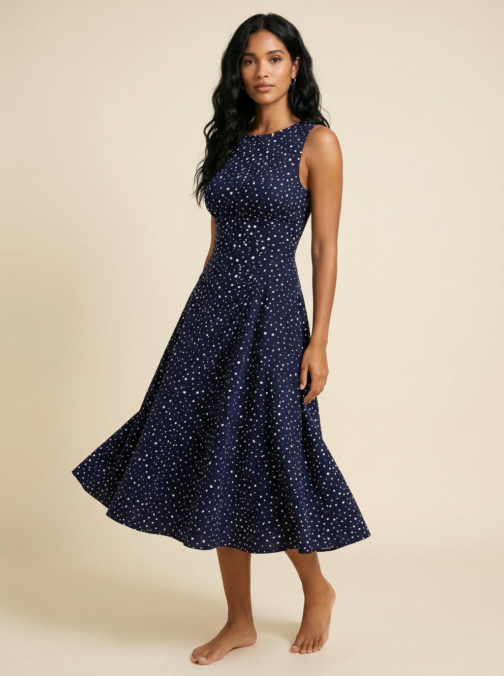 Women Midi Dress Polka Dot Sleeveless Fit Flare Design - Evergreen Outfits - Women Midi Dress