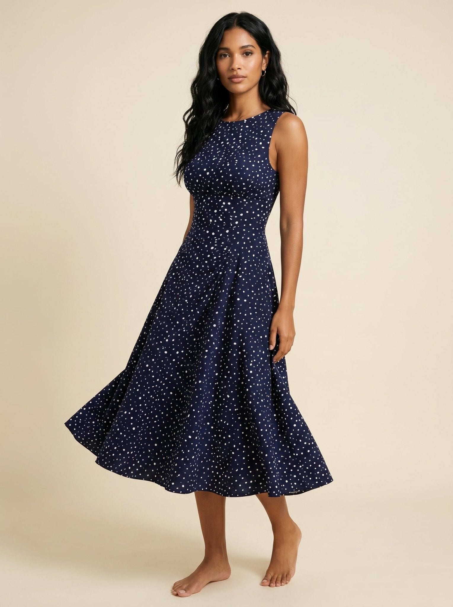 Women Midi Dress Polka Dot Sleeveless Fit Flare Design - Evergreen Outfits - Women Midi Dress