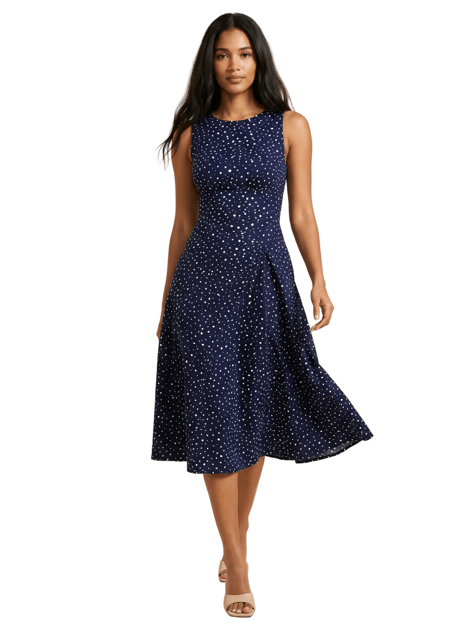 Women Midi Dress Polka Dot Sleeveless Fit Flare Design - Evergreen Outfits - Women Midi Dress