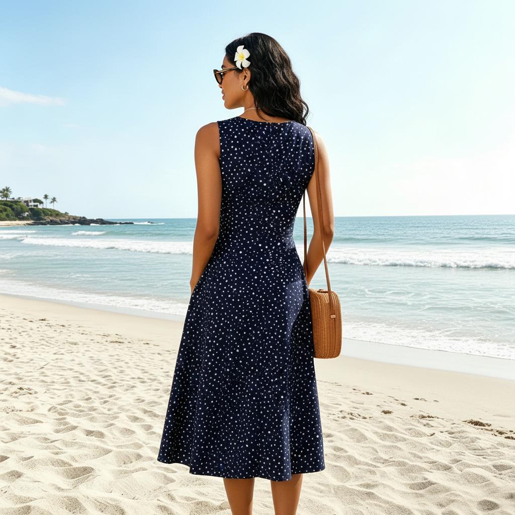 Women Midi Dress Polka Dot Sleeveless Fit Flare Design - Evergreen Outfits - Women Midi Dress
