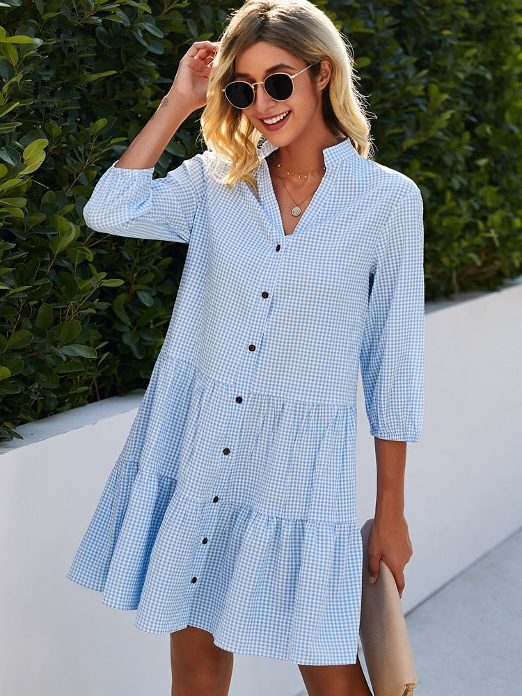 Women Midi Dress Relaxed Fit Gingham Pattern Design - Evergreen Outfits - Women Midi Dress
