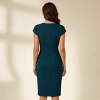 Women Midi Dress Short Sleeve Round Neck Draped Waist - Evergreen Outfits - Women Midi Dress
