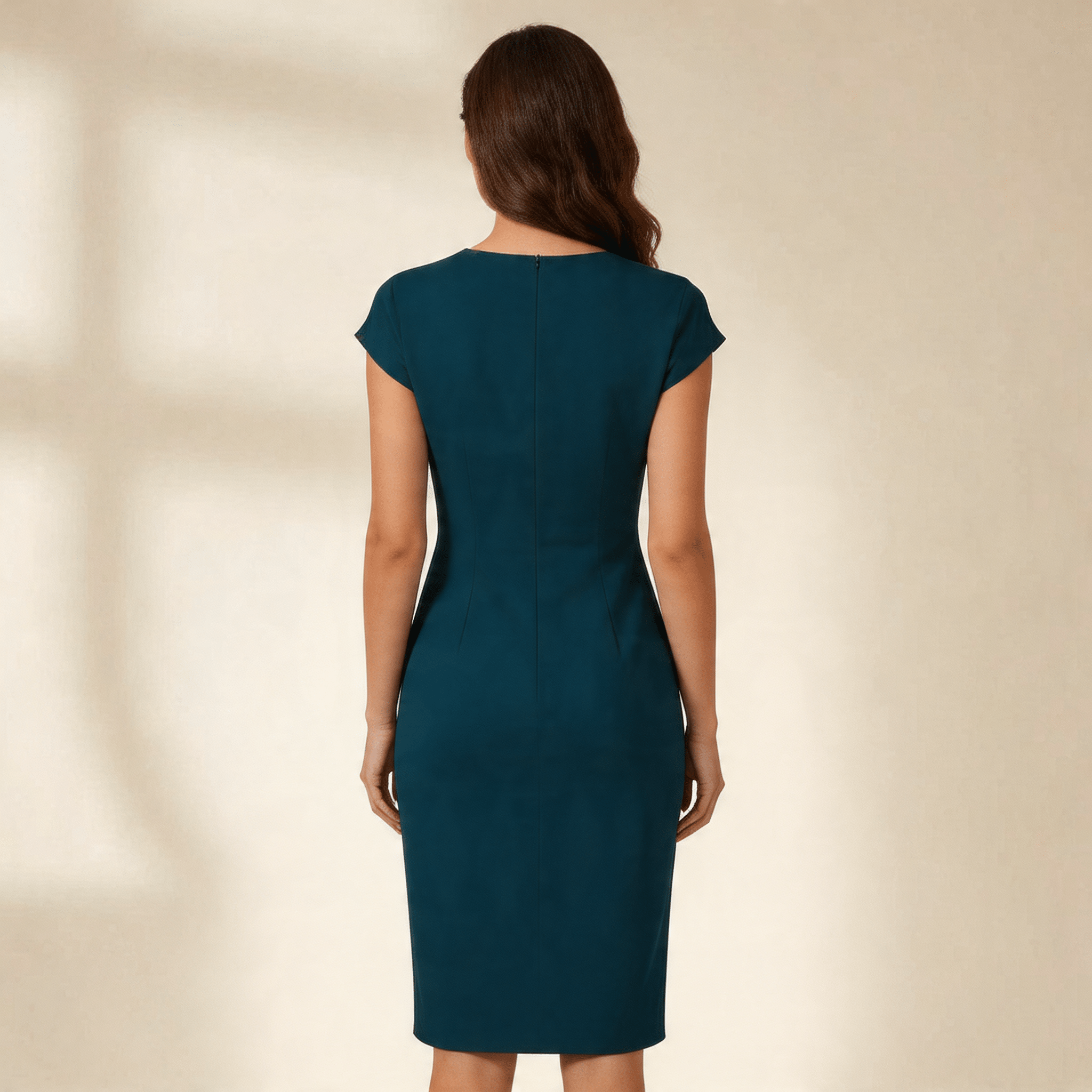 Women Midi Dress Short Sleeve Round Neck Draped Waist - Evergreen Outfits - Women Midi Dress