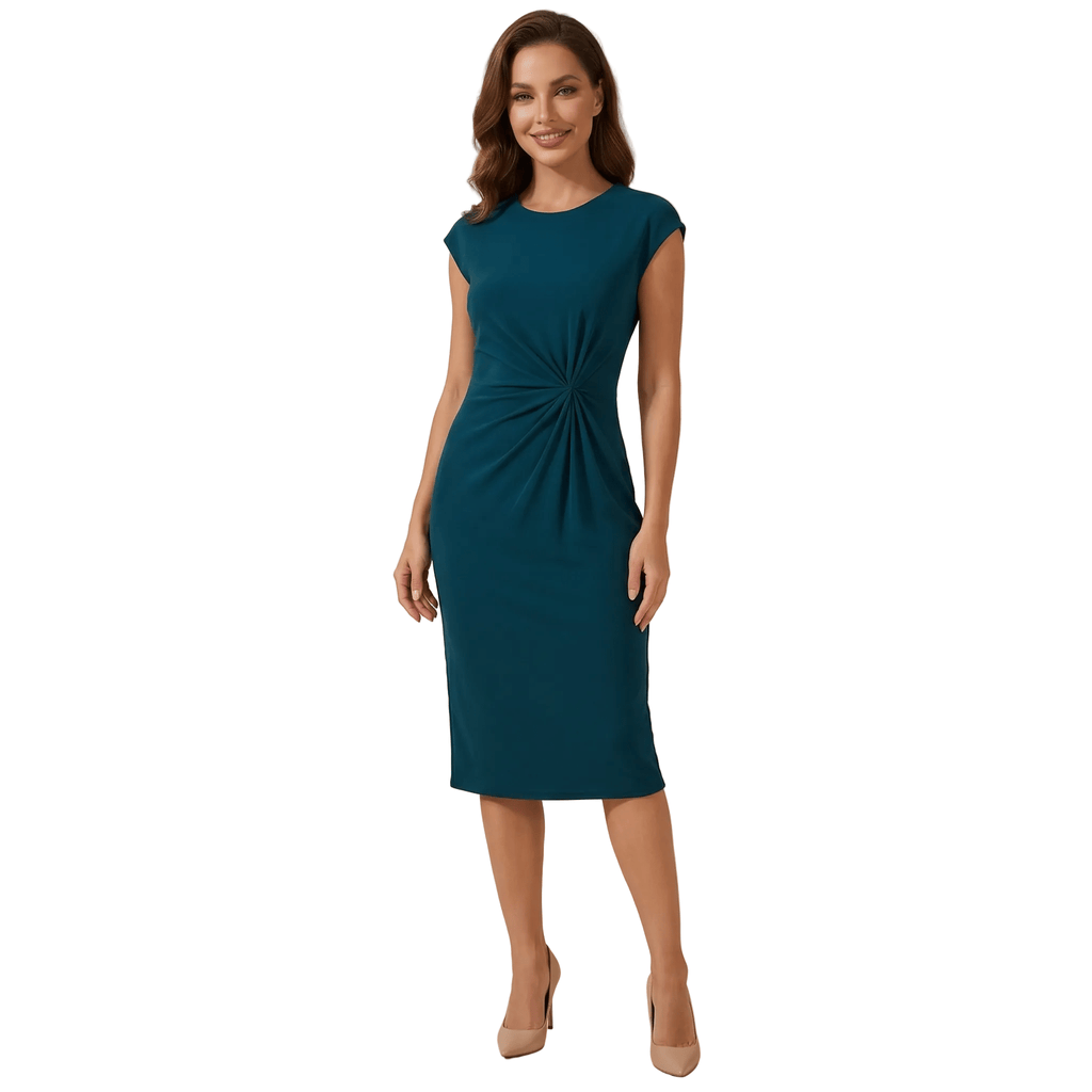 Women Midi Dress Short Sleeve Round Neck Draped Waist - Evergreen Outfits - Women Midi Dress