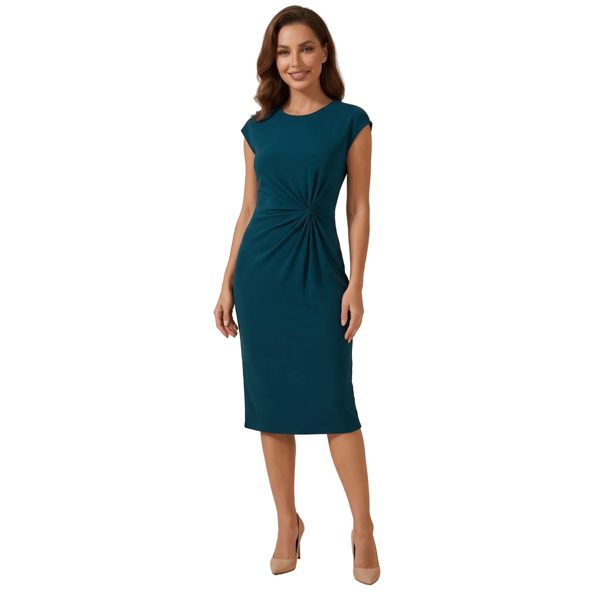 Women Midi Dress Short Sleeve Round Neck Draped Waist - Evergreen Outfits - Women Midi Dress