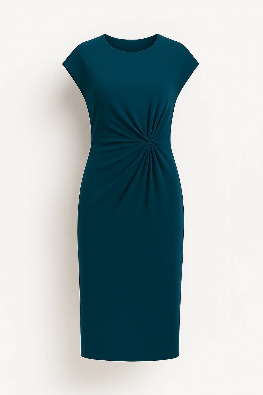 Women Midi Dress Short Sleeve Round Neck Draped Waist - Evergreen Outfits - Women Midi Dress