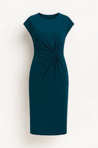 Women Midi Dress Short Sleeve Round Neck Draped Waist - Evergreen Outfits - Women Midi Dress