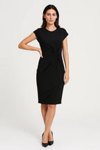 Women Midi Dress Short Sleeve Round Neck Draped Waist - Evergreen Outfits - Women Midi Dress