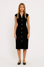 Women Midi Dress Sleeveless Button Closure Stand Collar - Evergreen Outfits - Women Midi Dress