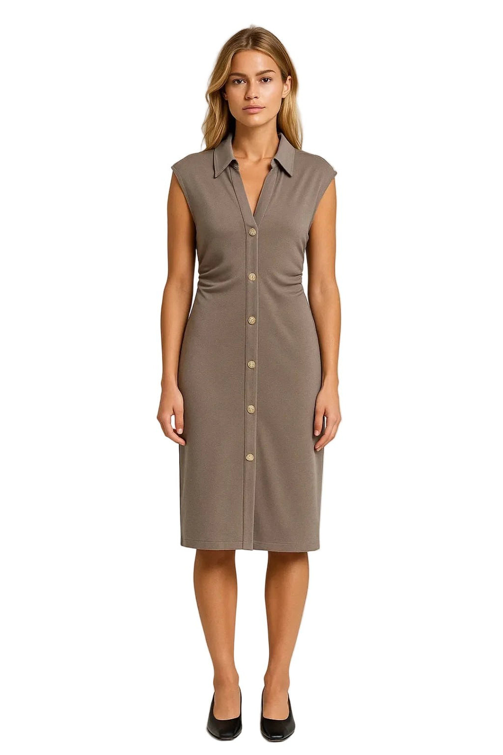 Women Midi Dress Sleeveless Button Closure Stand Collar - Evergreen Outfits - Women Midi Dress