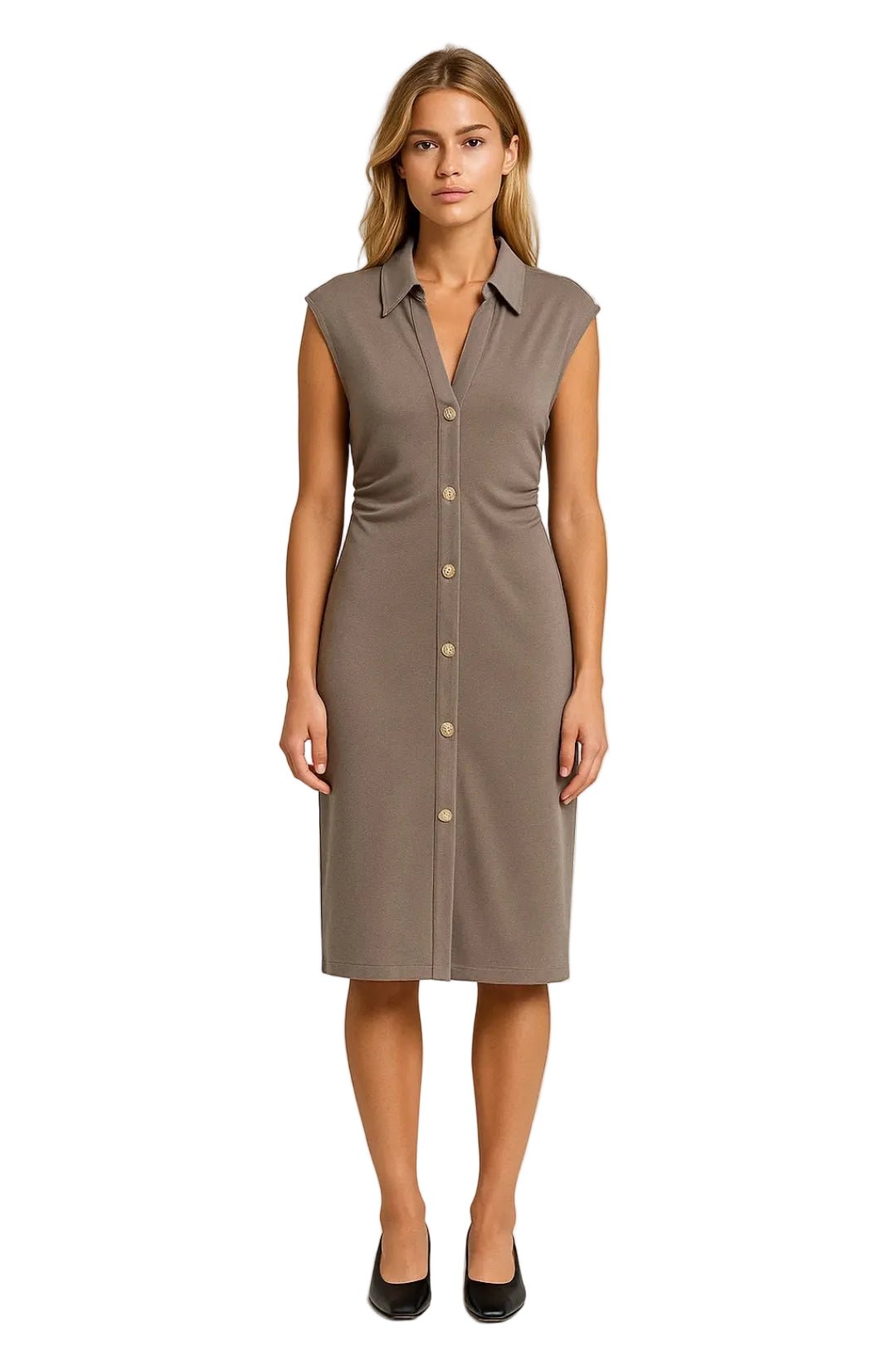 Women Midi Dress Sleeveless Button Closure Stand Collar - Evergreen Outfits - Women Midi Dress