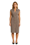 Women Midi Dress Sleeveless Button Closure Stand Collar - Evergreen Outfits - Women Midi Dress