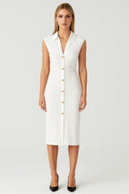 Women Midi Dress Sleeveless Button Closure Stand Collar - Evergreen Outfits - Women Midi Dress