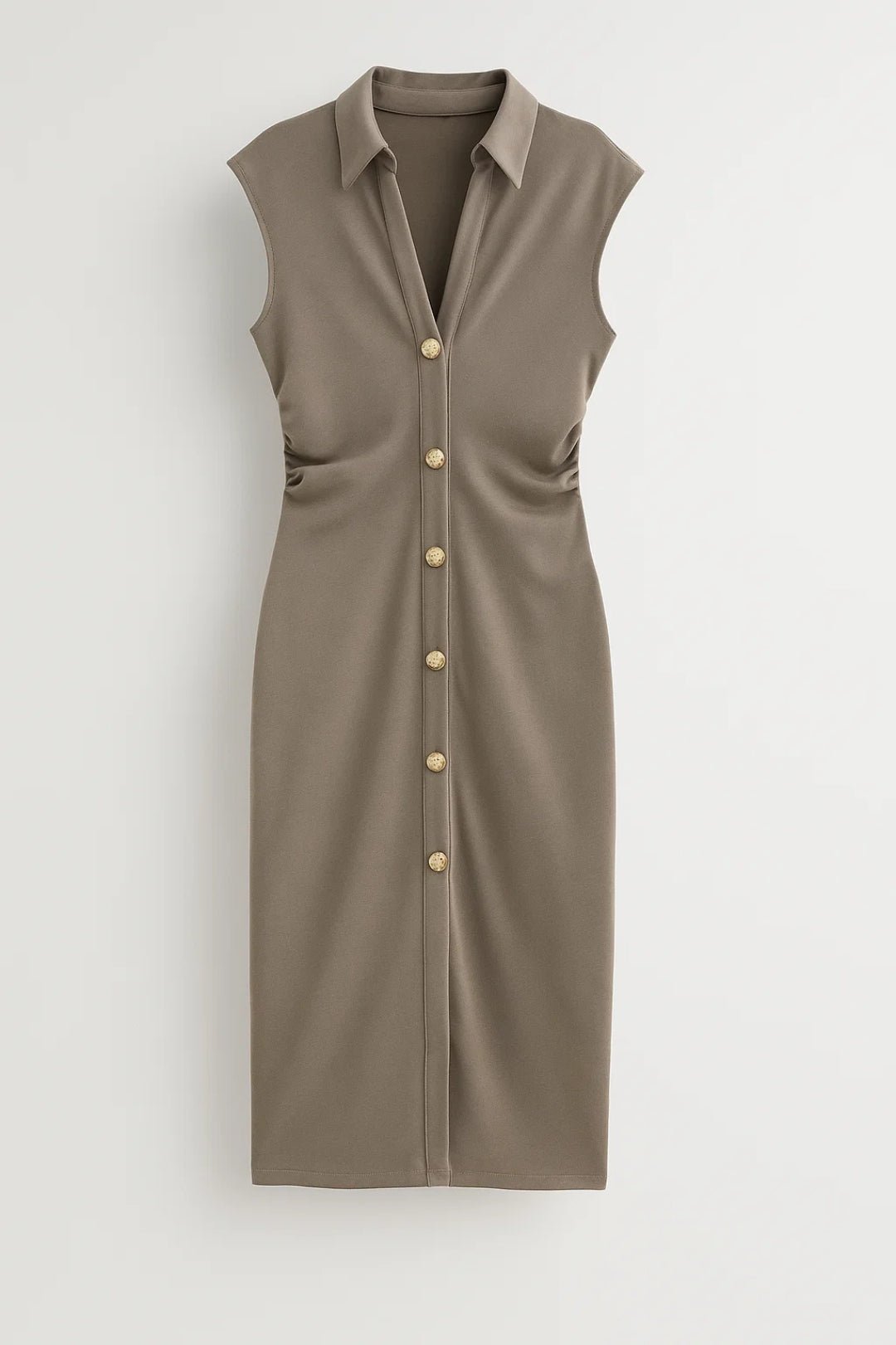 Women Midi Dress Sleeveless Button Closure Stand Collar - Evergreen Outfits - Women Midi Dress