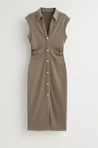 Women Midi Dress Sleeveless Button Closure Stand Collar - Evergreen Outfits - Women Midi Dress