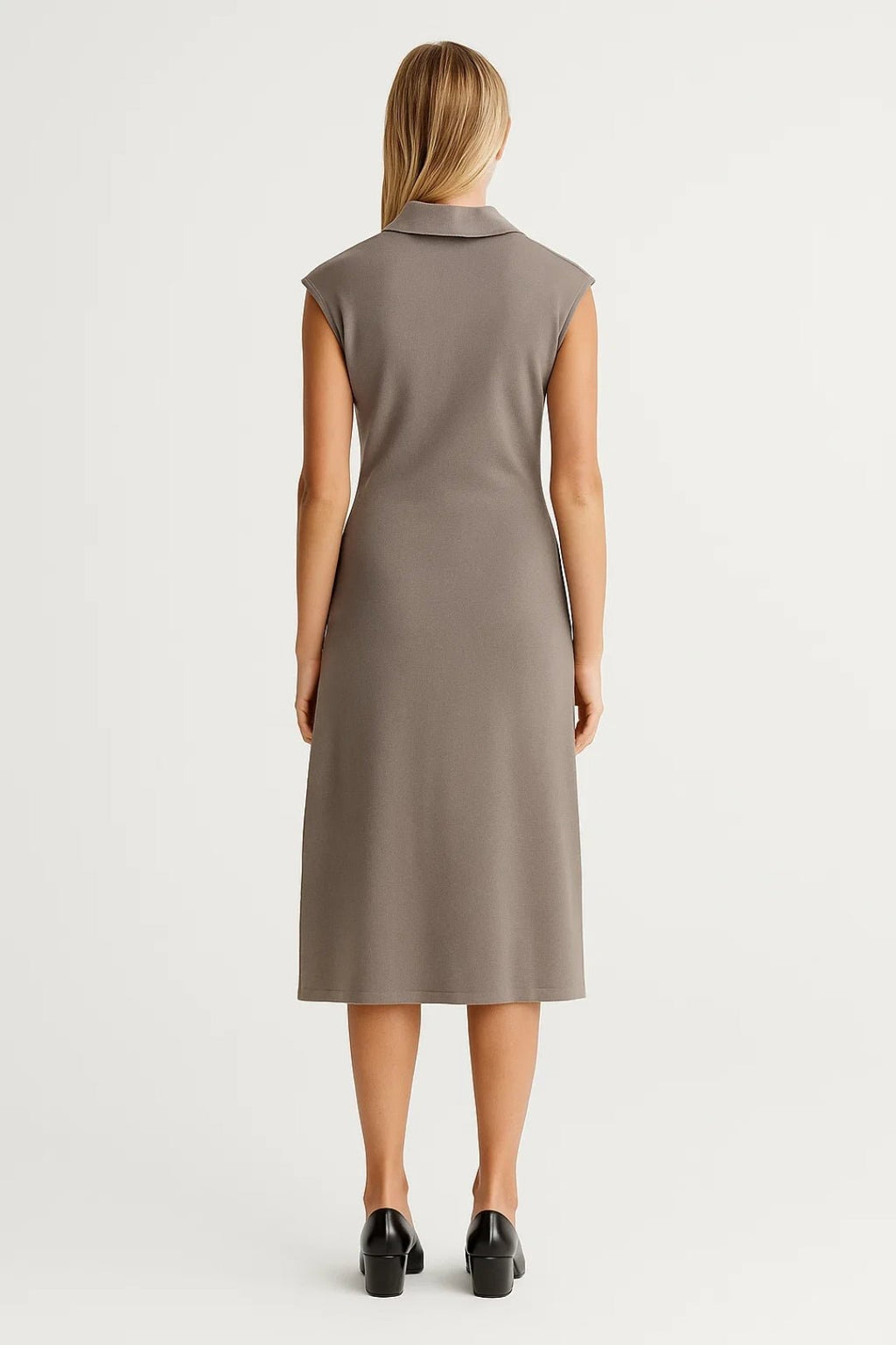 Women Midi Dress Sleeveless Button Closure Stand Collar - Evergreen Outfits - Women Midi Dress