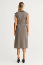 Women Midi Dress Sleeveless Button Closure Stand Collar - Evergreen Outfits - Women Midi Dress