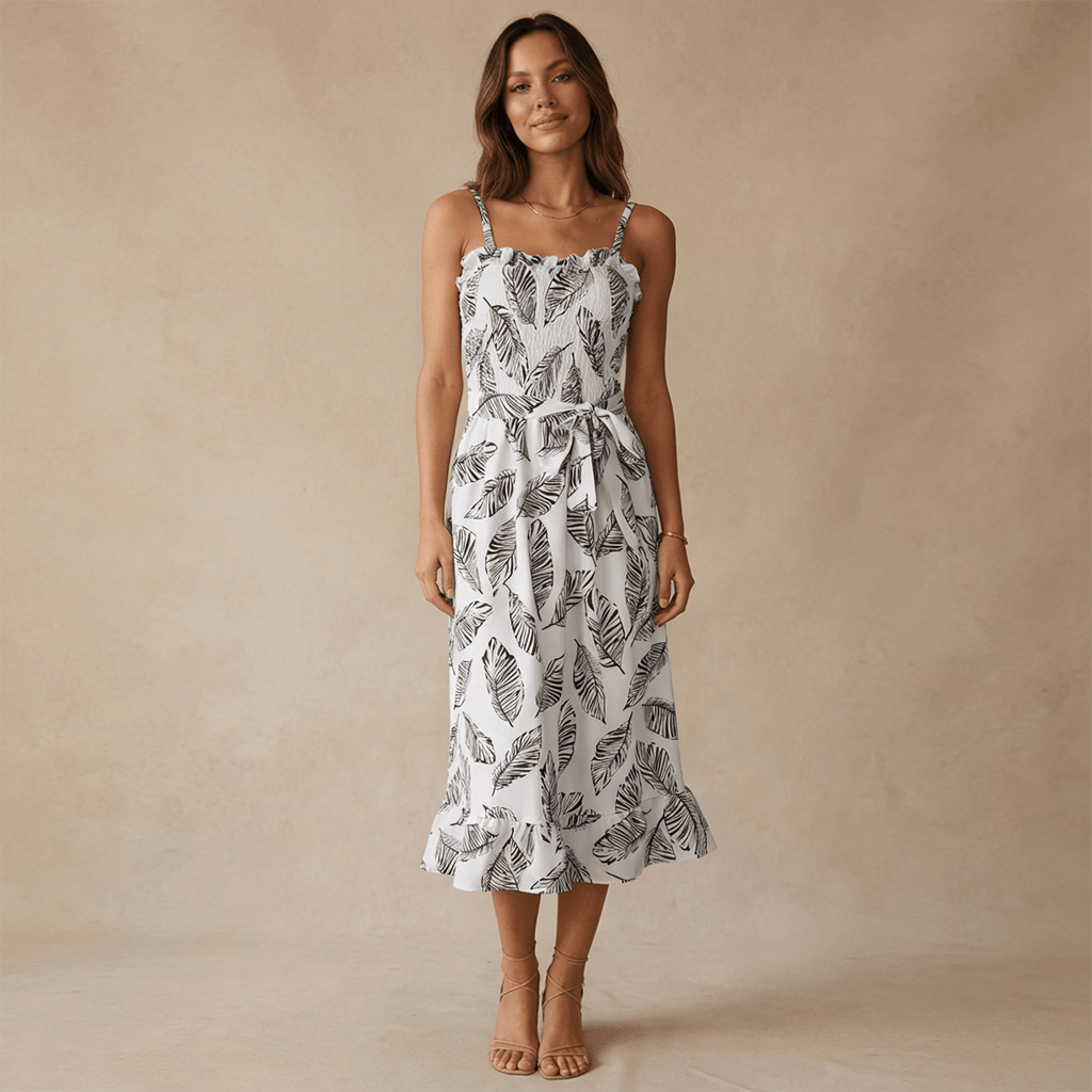 Women Midi Dress Sleeveless Ruffle Neck Tie Waist - Evergreen Outfits - Women Midi Dress