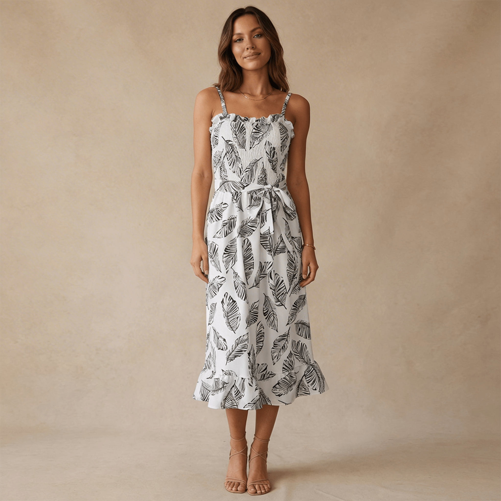 Women Midi Dress Sleeveless Ruffle Neck Tie Waist - Evergreen Outfits - Women Midi Dress
